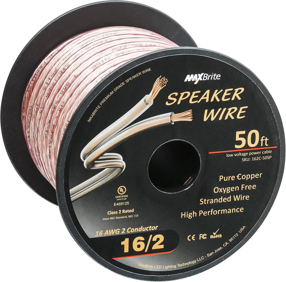 50 Ft. Spool High Performance 16 Gauge Speaker Wire, Oxygen Free Pure Copper – U