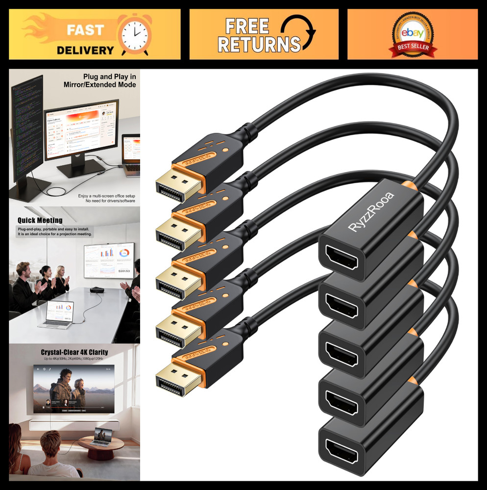4K DP to HDMI Adapter 5-Pack, 10.2Gbps, Male to Female, Plug & Play, Monitor/PC/