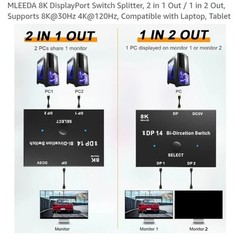 8K DisplayPort Switch Splitter, 2 in 1 Out / 1 in 2 Out, Supports 8K@30Hz DP 1.4