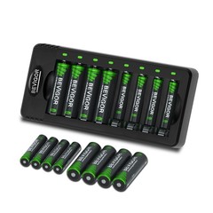 BEVIGOR AA Rechargeable Batteries with Charger+AAA&AA batteries 8 Pack, black