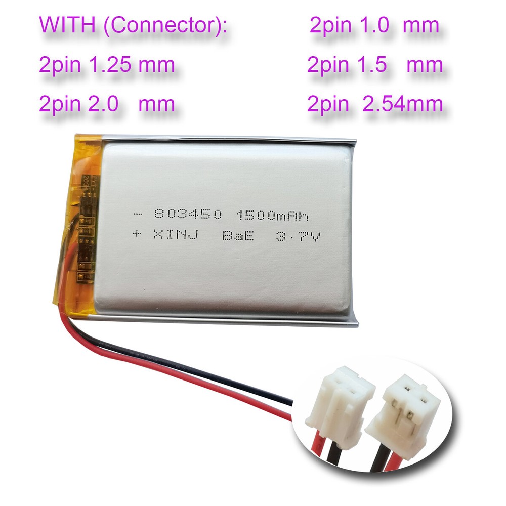 3.7V 1500mAh Rechargeable Replacement Polymer Li Lipo Battery 803450 2pin JST