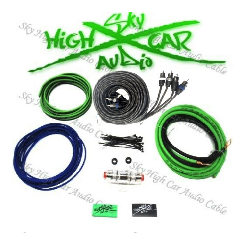Oversized 8 Ga AWG Amp Kit 4 Channel Twisted RCA Green Black Complete Sky High