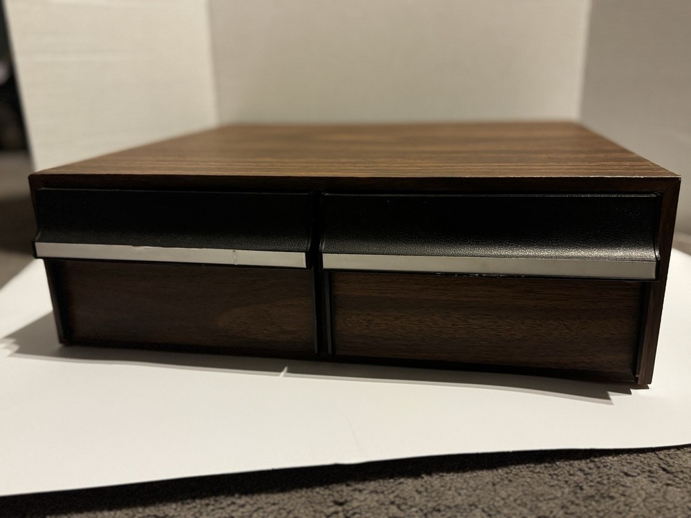 Woodgrain Brown/Black Plastic & Wood VHS Tape Storage Box w/ 2 Pull-Out Drawers