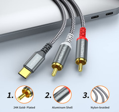 USB C to 2 RCA Audio Cable 6.6FT Type-C Male Stereo AUX Adapter Gold Plated