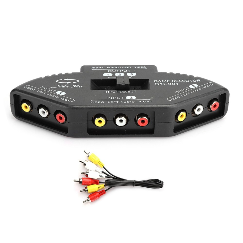 AV Composite RCA Selector Box Switch Splitter w/ Cable Cord Plug Fosmon 3 Port