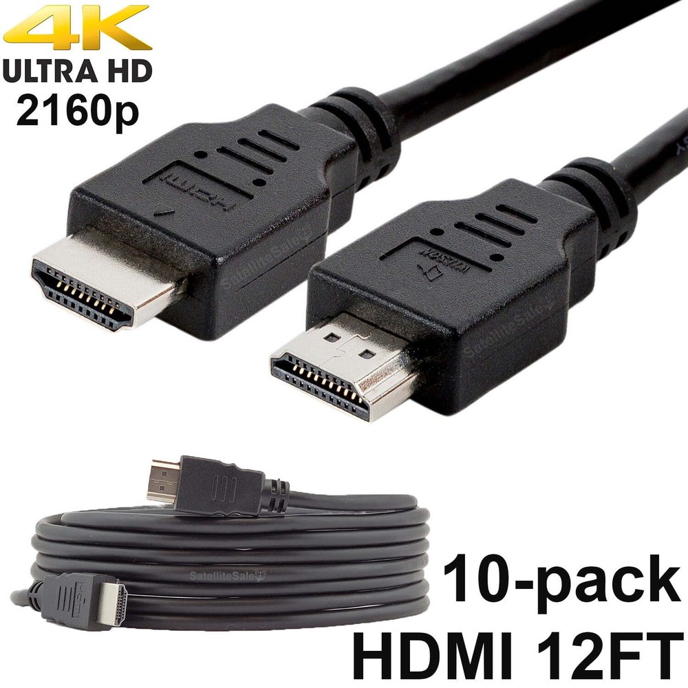 Pack of 10 Digital High-Speed 1.4 HDMI Cables PVC 2160p Black Cord (12 feet)