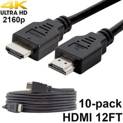 Pack of 10 Digital High-Speed 1.4 HDMI Cables PVC 2160p Black Cord (12 feet)