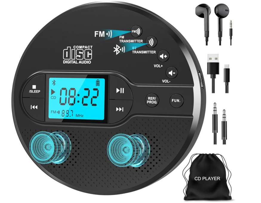 Reproductor CD Portátil Bluetooth FM Auto Anti-Skip Recargable AUX USB, LCD. Nue