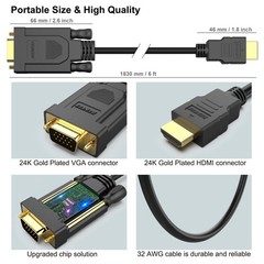 BENFEI HDMI to VGA 6 Feet Cable, Uni-Directional Computer 6 Feet, 1 PACK