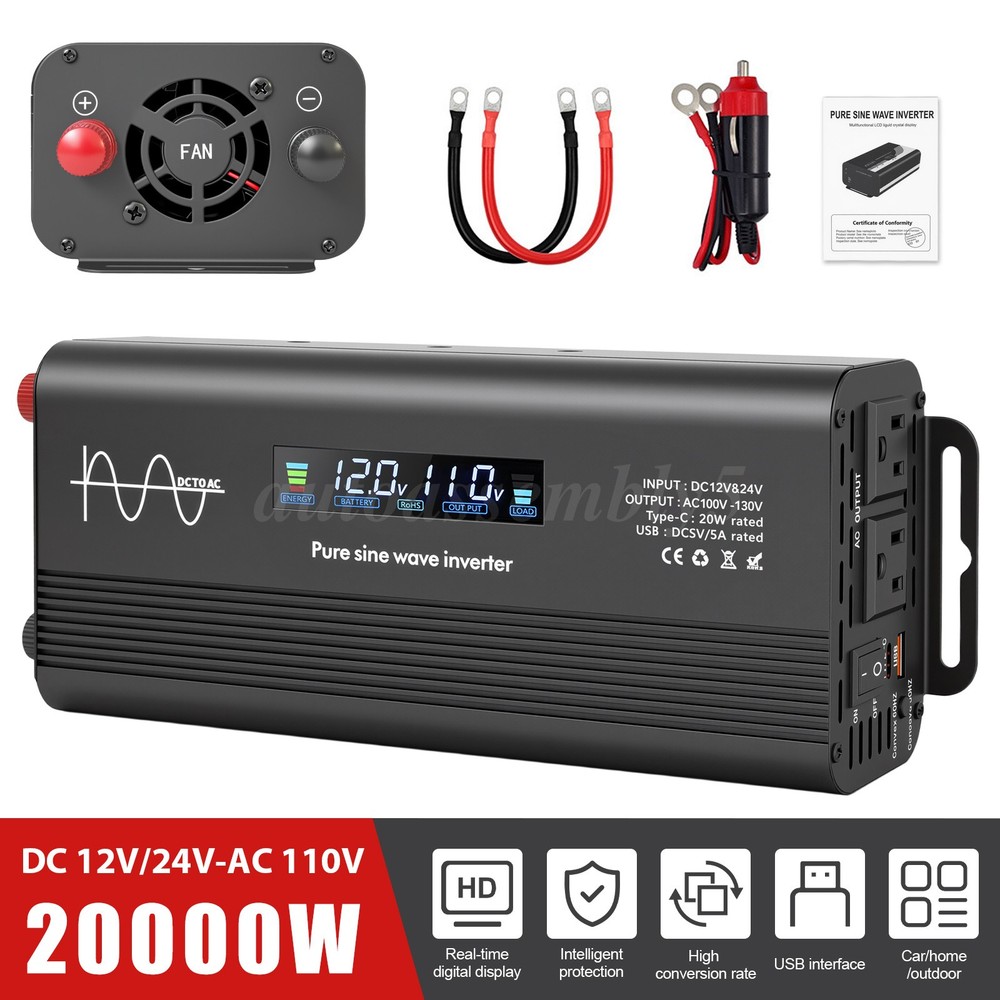 Car Power Inverter DC 12V 24V To AC 110V Pure Sine Wave Solar Converter LCD