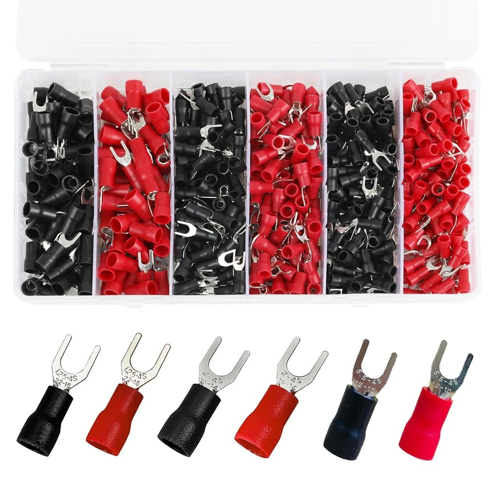 500PCS Insulated Fork Connector Kit,22-16/16-14/12-10 AWG Insulated Spade Crimp