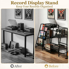 LED Record Player Stand with Storage for 300 Albums – Black Vinyl Shelf