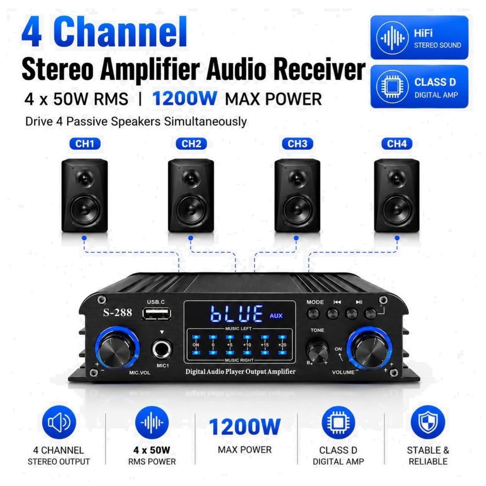 Home Theater Bluetooth Stereo Amp, 4-Ch Receiver