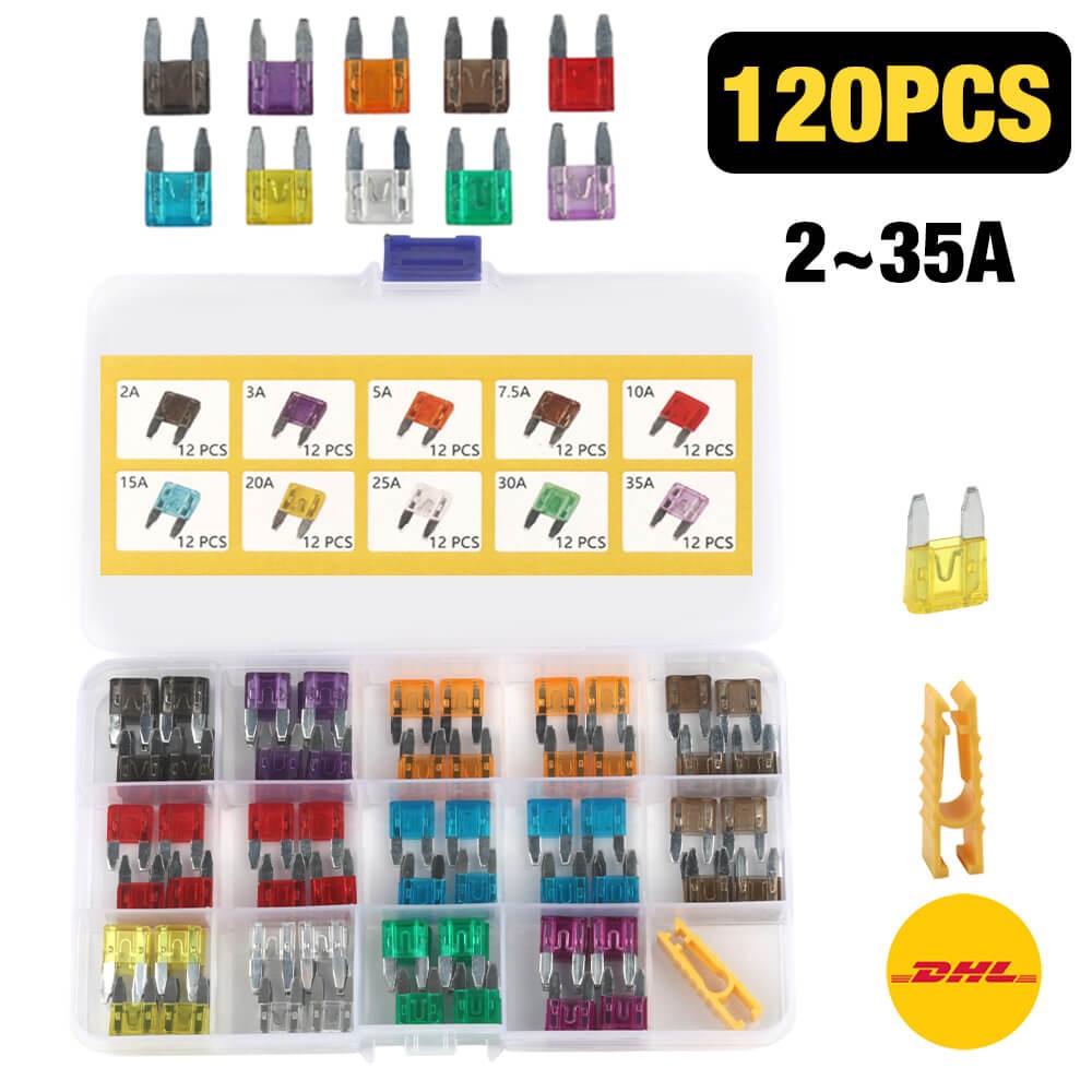 120PCS Mini Blade Fuses Boxed Assorted Car Van Bike Fuse Set 5 10 15 20 25 30A