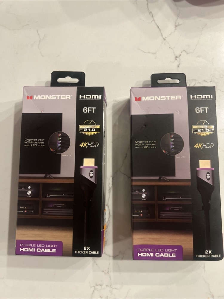 2x Monster MHV1-1026-PUR 6 Feet 4K HDR 21 Gbps 2 Purple LED Light HDMI Cable