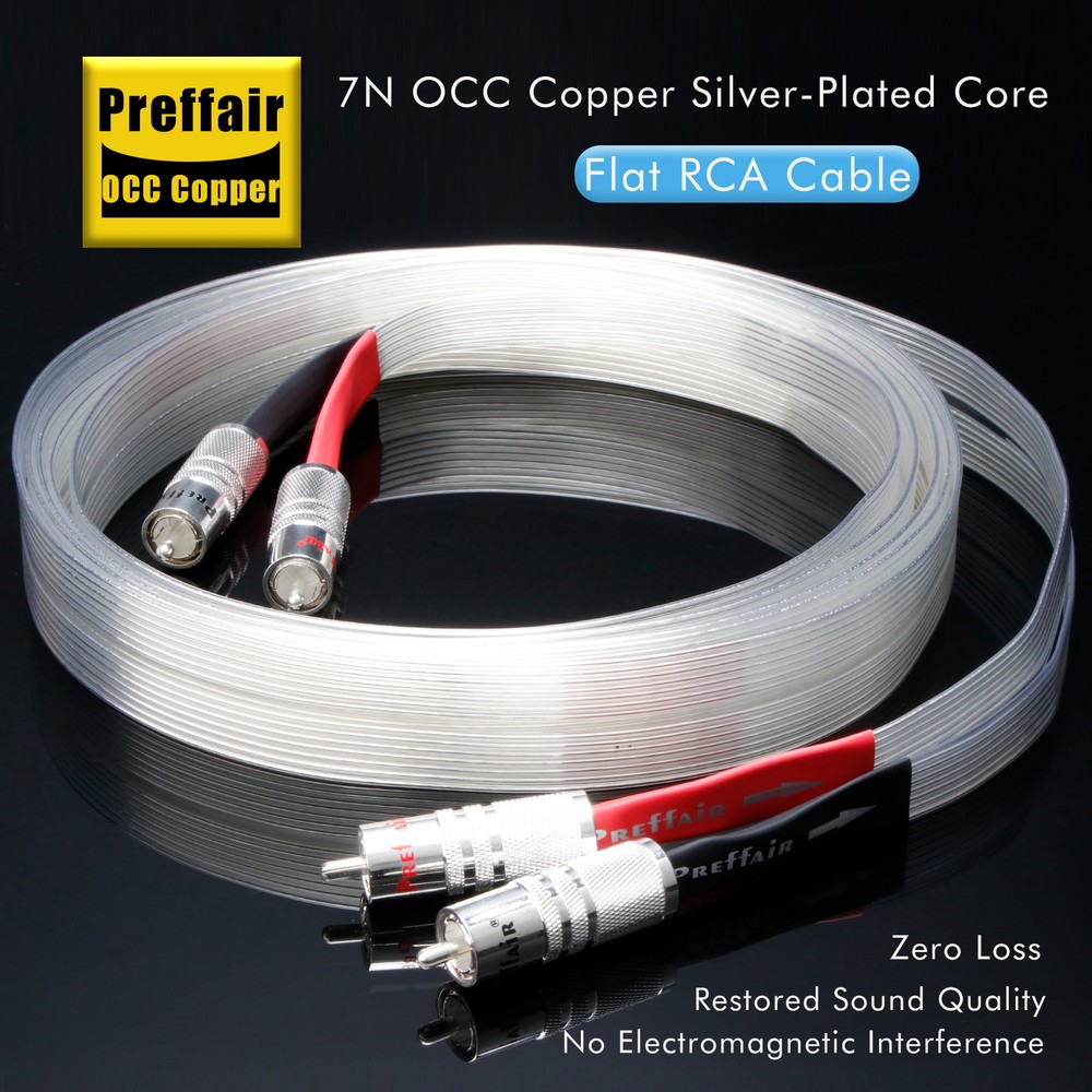 Pair OCC Silver Plated Flat Cable Audio Signal Interconnect Wire Hi-end RCA Plug