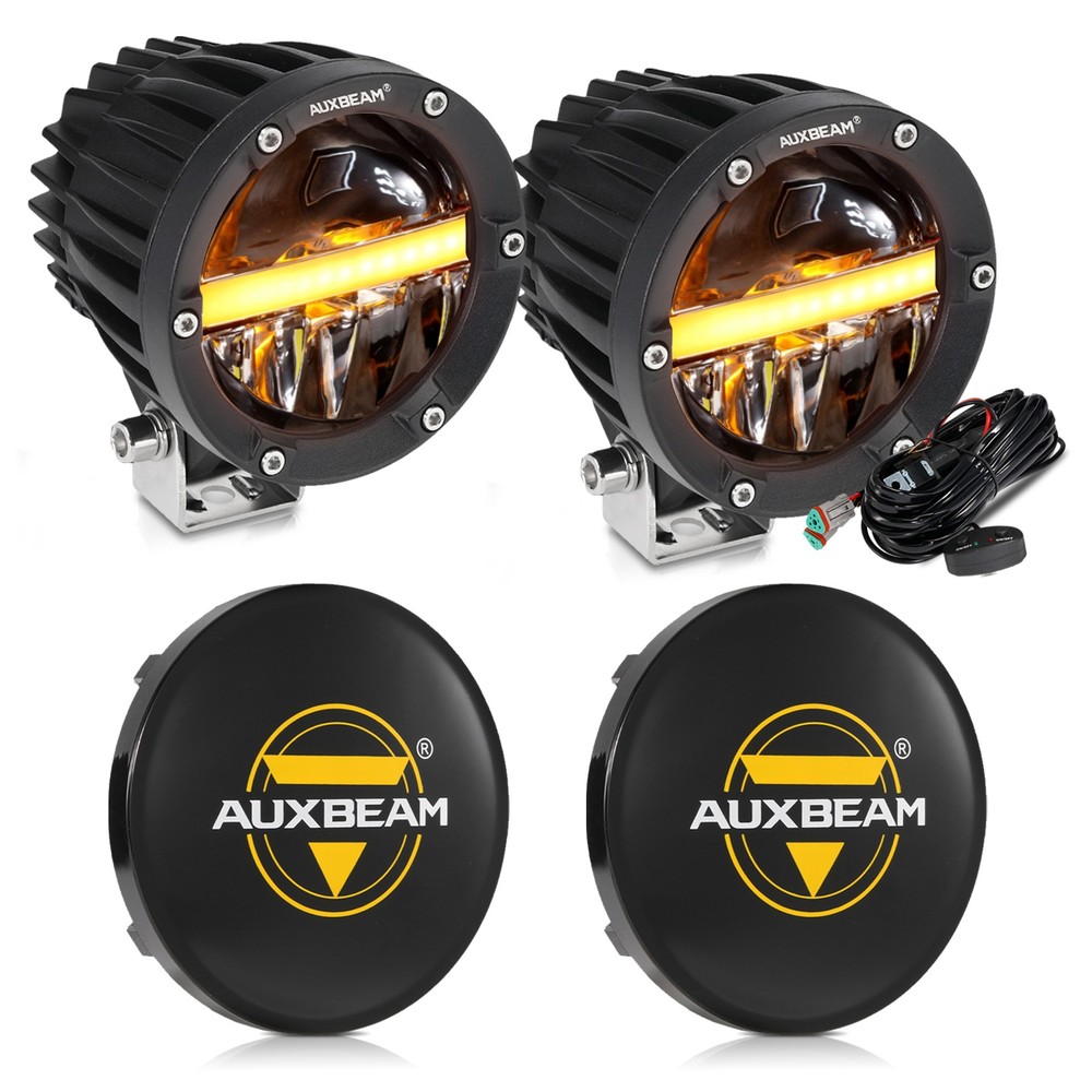 AUXBEAM 4″ LED Work Driving Light Bar SPOT Pods Amber DRL & Black Covers Shield