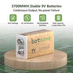 4 Pack 9V 3700mWh Rechargeable Lithium ion Battery With USB Type-C Cable 9 Volts