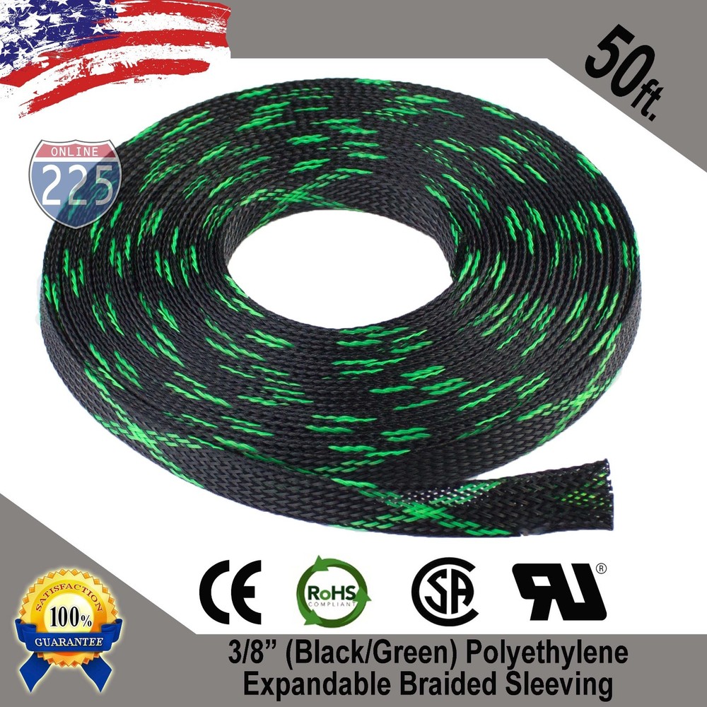 50 FT 3/8″ Black Green Expandable Wire Sleeving Sheathing Braided Loom Tubing US