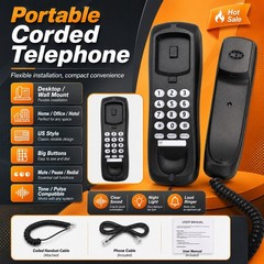 Wall Mountable Black Corded Landline Telephone Desk Phone Home Office Wired