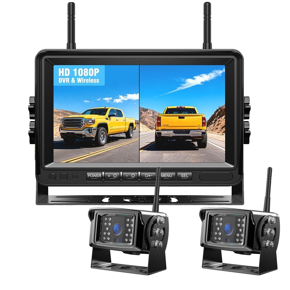 1080P Wireless RV Backup Camera 7″ DVR Quad Split Monitor for Truck Trailer Van