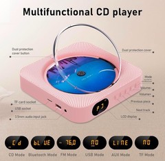 Wall Mountable CD Player KC-909 Bluetooth FM Radio Remote USB AUX Pink New