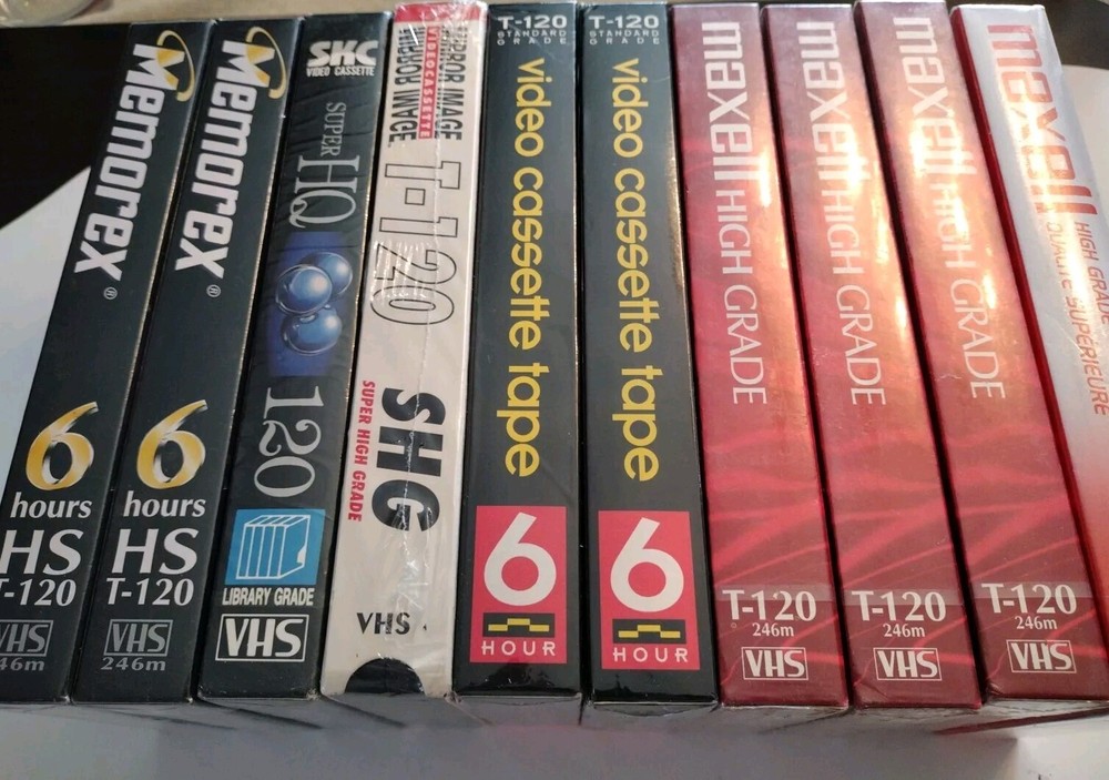 Lot of 10 VHS Blank Tapes High Grade 6 Hours T-120 New Sealed Maxwell Memorex