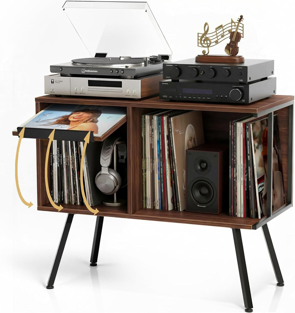 Mid Century Flip Top Record Player Stand – Holds 150+ Albums, Walnut Finish