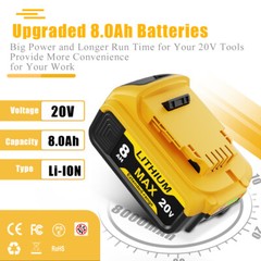 Combo 2-Pack 8.0Ah Replacement Battery & Charger Capacity for DEWALT 20V Tools