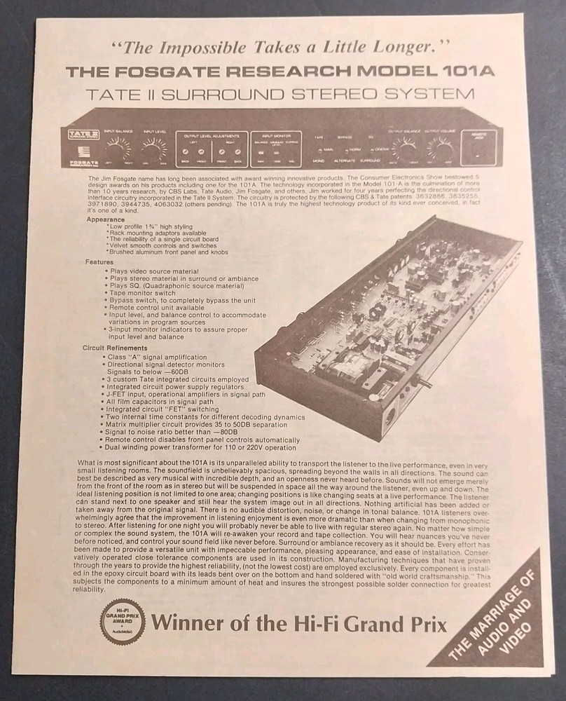 Vintage Fosgate Research 101A Tate II Gatefold Brochure Textured Parchment Rare