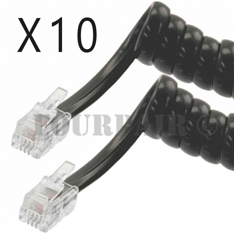 10 Pack Lot – 7ft Telephone Handset Receiver Cord Phone Coil Cable 4P4C – Black