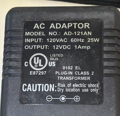 AC Adaptor Model AD-121AN 120 VAC 60Hz 25W Output 12VDC