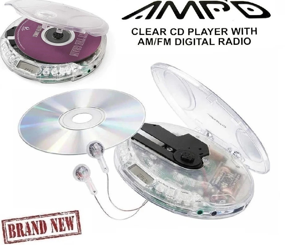 Amp’d Clear Portable Walkman CD Player+ earbuds AM FM Radio With 20 Track Memory