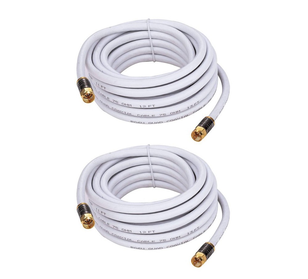 RG6 Quad Shield Coax Cable w/F-Connectors White/Black / 3ft – 100ft / 2-Pack LOT