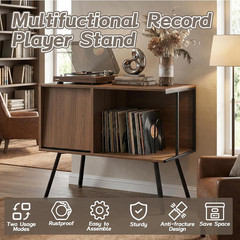 Mid Century Flip Top Record Player Stand – Holds 150+ Albums, Walnut Finish