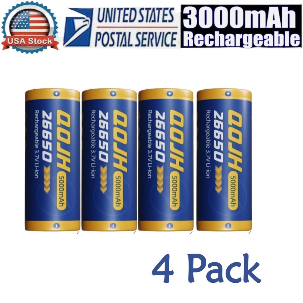 4 Pack Durable 26650 5000mAh 3.7V Rechargeable Li-Ion Batteries Multipurpose