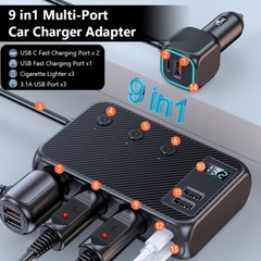 9 in 1 Car Cigarette Lighter Socket Splitter USB C Fast Charging Power Adapter
