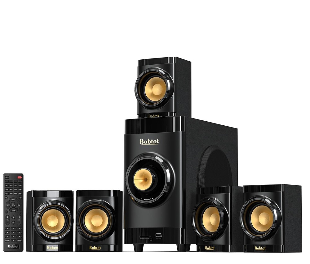 Bobtot Small Subwoofer Home Theater for TV Surround System 5 black and gold