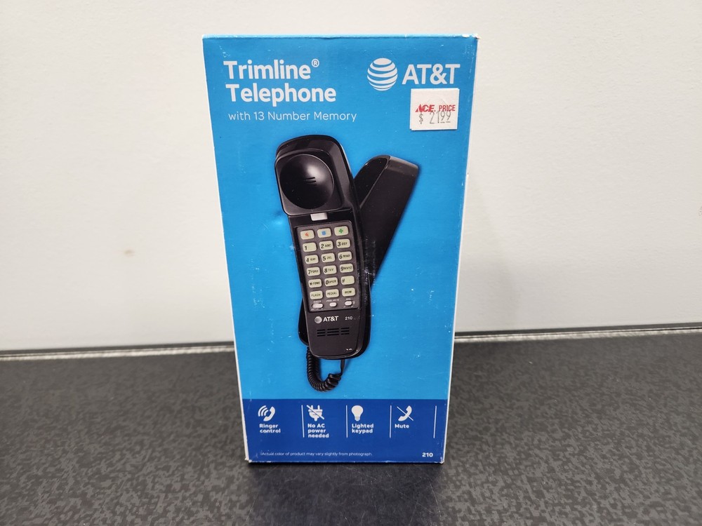 AT&T 210 Trimline Black Corded Phone with 13 Number Memory ~ Brand New Sealed