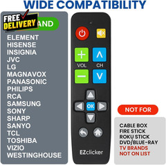 Big Button Universal TV Remote Black Simple Easy to Use Great for Seniors Works