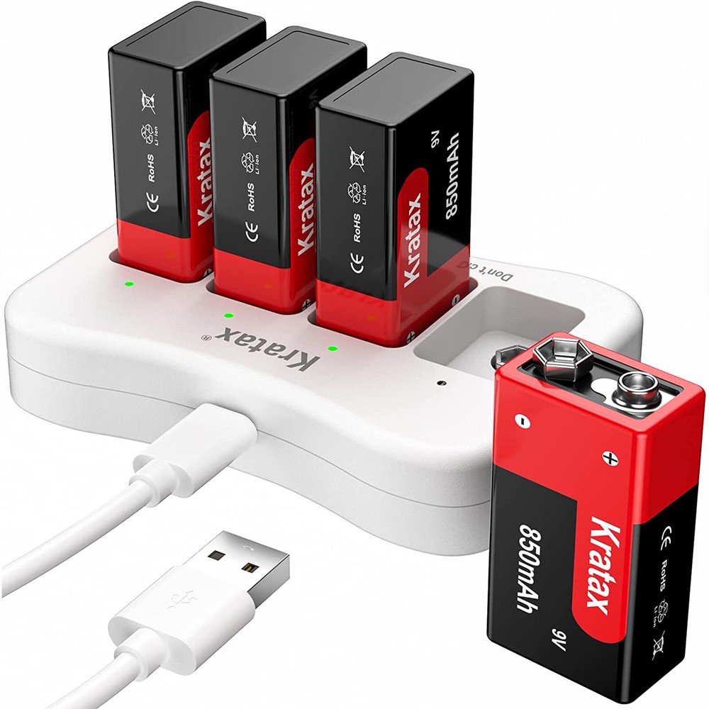 4 x 9V Block 850mAh 9v Li-ion Rechargeable Batteries 4-Slot 9-Volt Charger