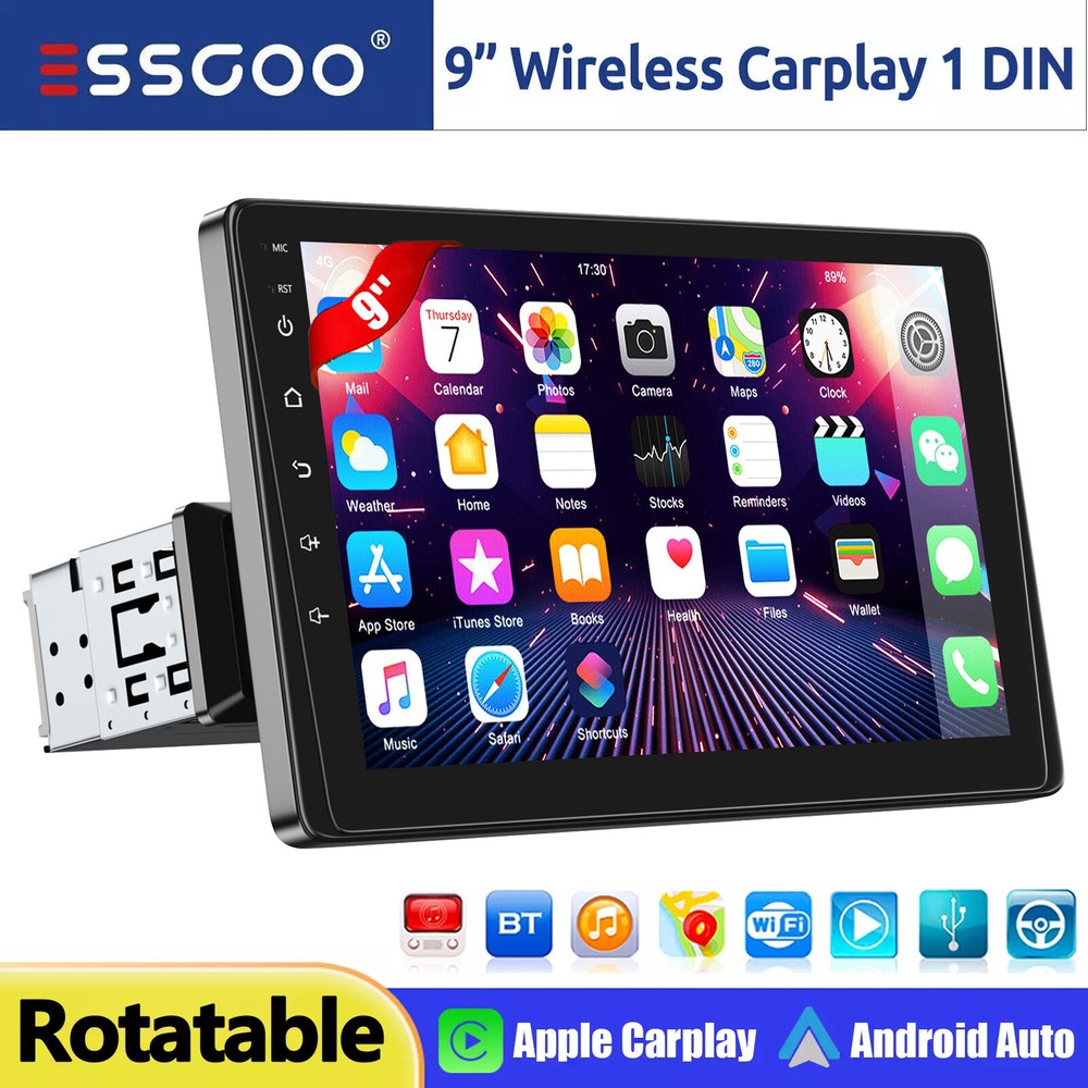 Single 1DIN 9 Inch Car Stereo Apple Carplay Android Auto HD Radio Head Unit SWC