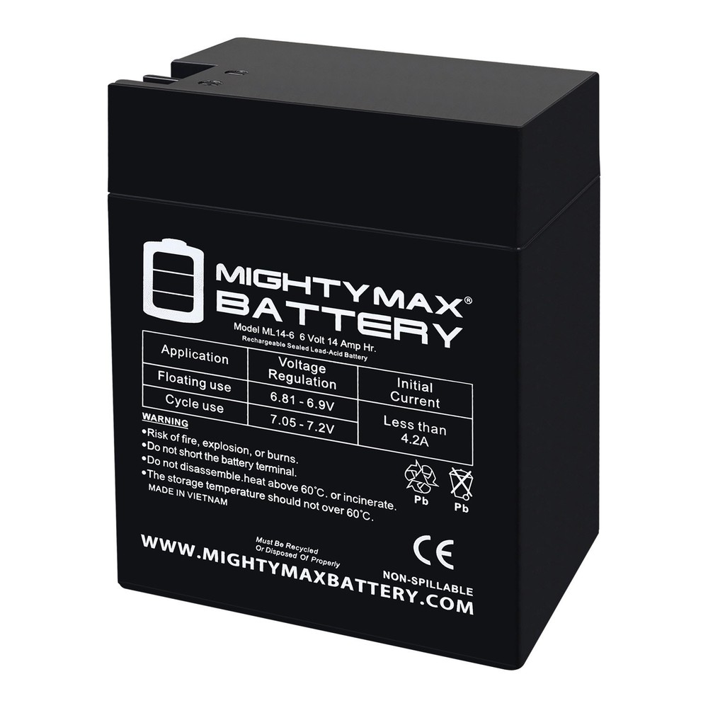 Mighty Max ML14-6 – 6 Volt 14 AH, Fast-on Terminal, Rechargeable SLA AGM Battery