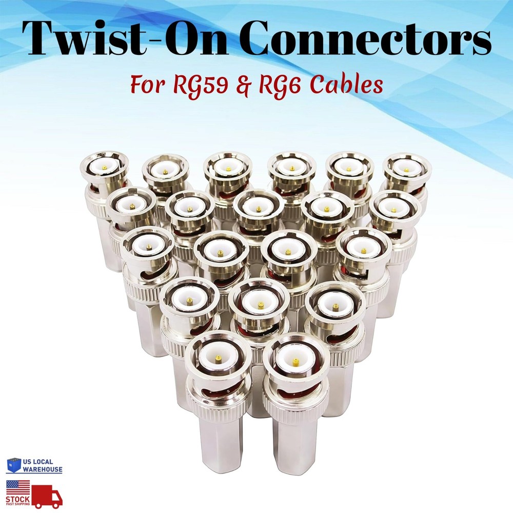 BNC Male to RG59 RG6 Twist On Connector CCTV Security Coax Cable Camera Lot