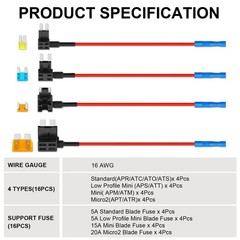 16 Pack 4 Types Fuse Tap Kit Fuses Adapter Jumper for Cars Trucks Boats
