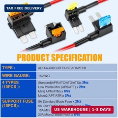 10 Pack 12V Car Add-a-Circuit Fuse Tap Kit, 4 Types Standard Mini Micro2 Low Pro