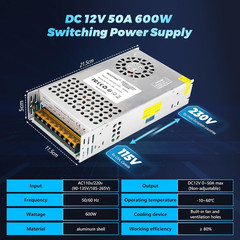 12V 50A 600W DC Switching Power Supply, AC 110V to 12V Converter (SMPS), 12 Volt