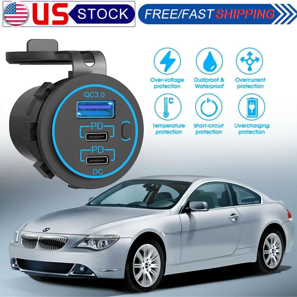 12V-24V QC3.0 + PD USB C Car Fast Charger Power Socket Outlet for Boat RV Marine