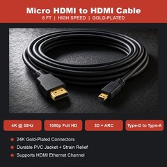 6FT Micro HDMI Type D to HDMI Cable 4K Cord for Tablet Laptop Lenovo Yoga ASUS