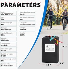 48V Ebike Battery Lithium LiFePO4 16Ah Batteries for Electric Bike Scooter Motor